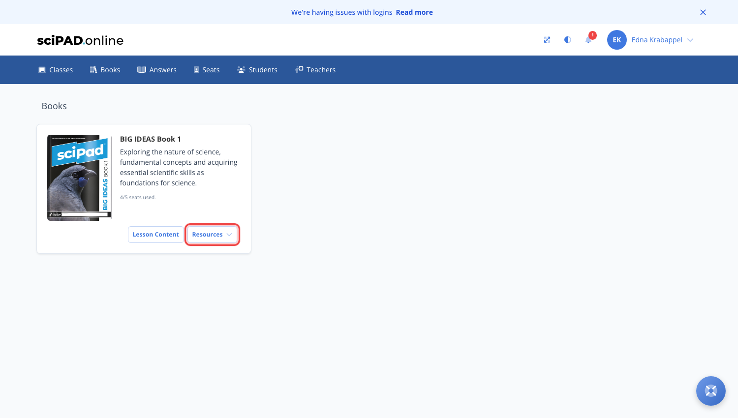 The Books page with the Resources button on a book
