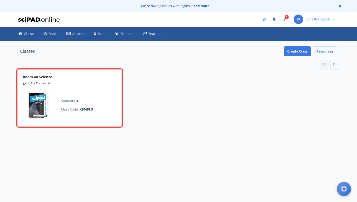 The Classes page with the class card highlighted