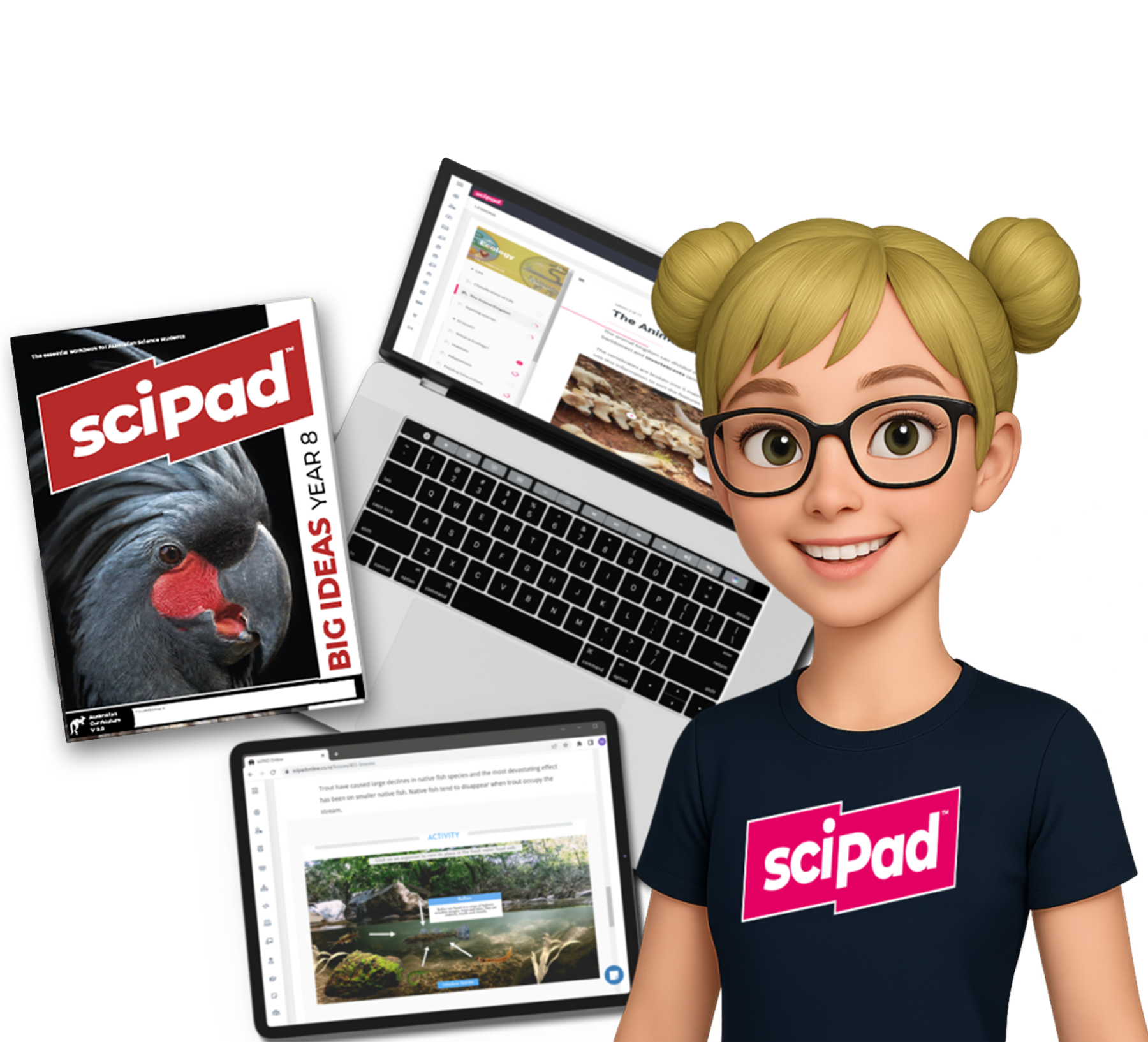 sciPAD workbook with laptop and tablet